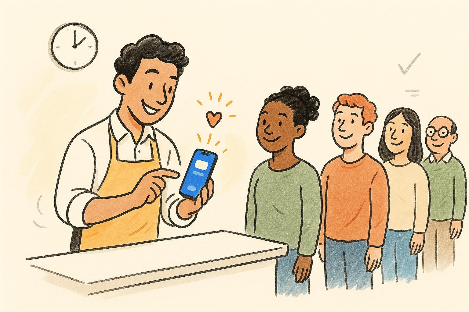 A small-business host using Waitlist App on a phone to manage a line of waiting customers